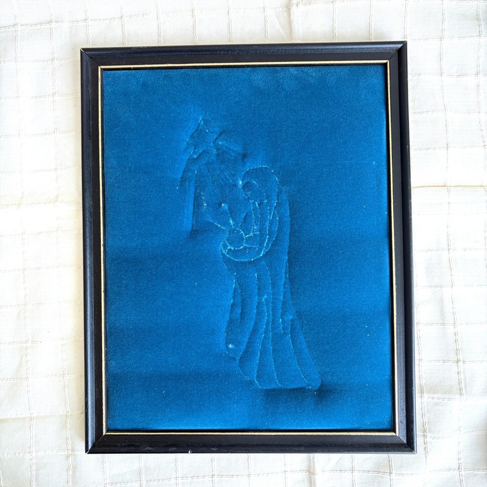 Vintage Embossed Blue Velvet Nativity Art Mary Jesus Star Bethlehem Framed 12x15 - Picture 1 of 9